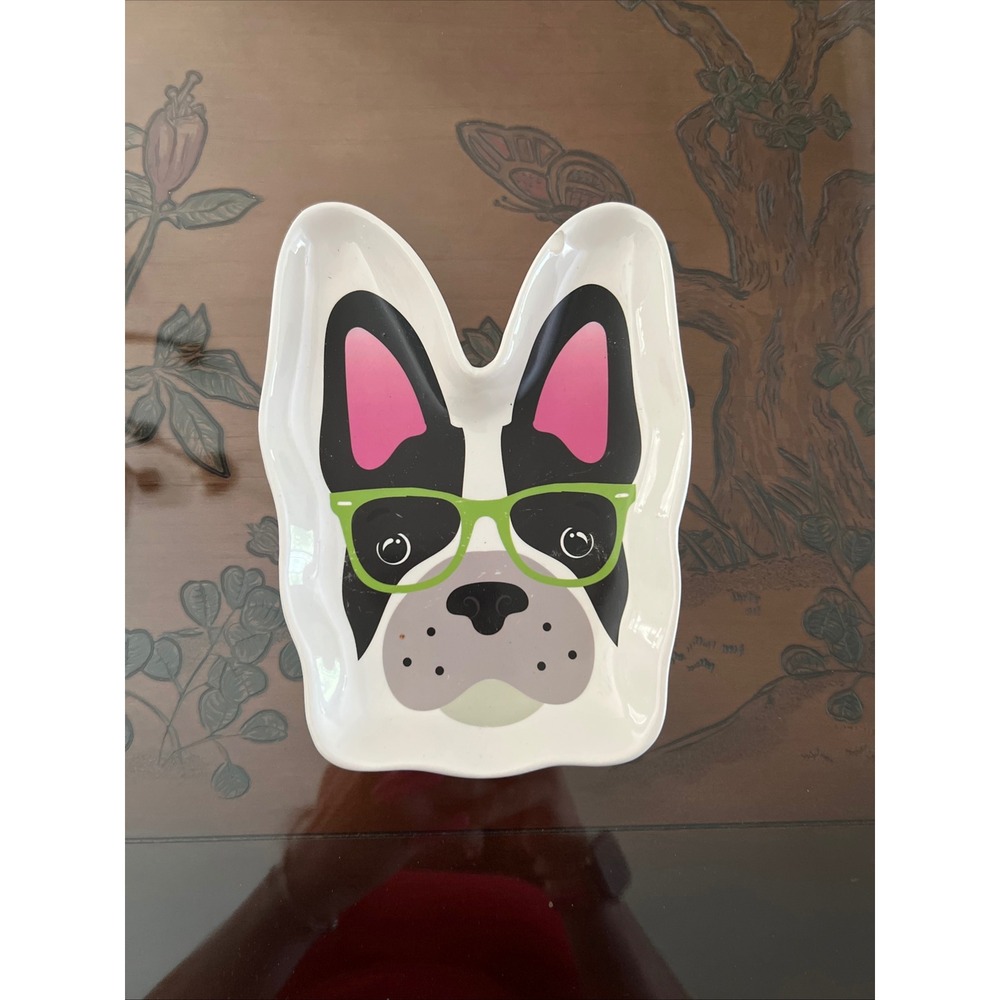 French‎ Bulldog Ceramic Trinket Dish White Frenchie Dog Tray Green Glasses Decor